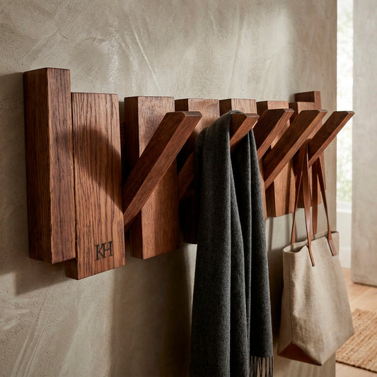 Perchero Minimalista con Ganchos Abatibles Tipo Piano - Roble Reciclado