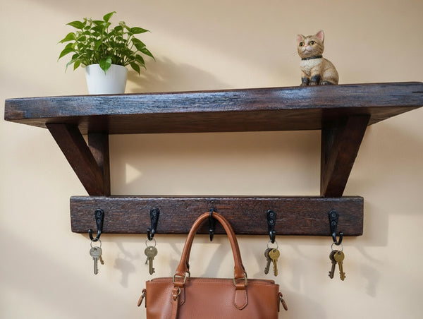 Perchero Roble Americano Reciclado 38cm 5 ganchos metálicos