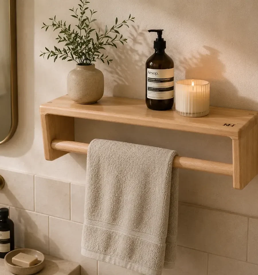 Repisa para Baño de Madera con Toallero | Krelhome