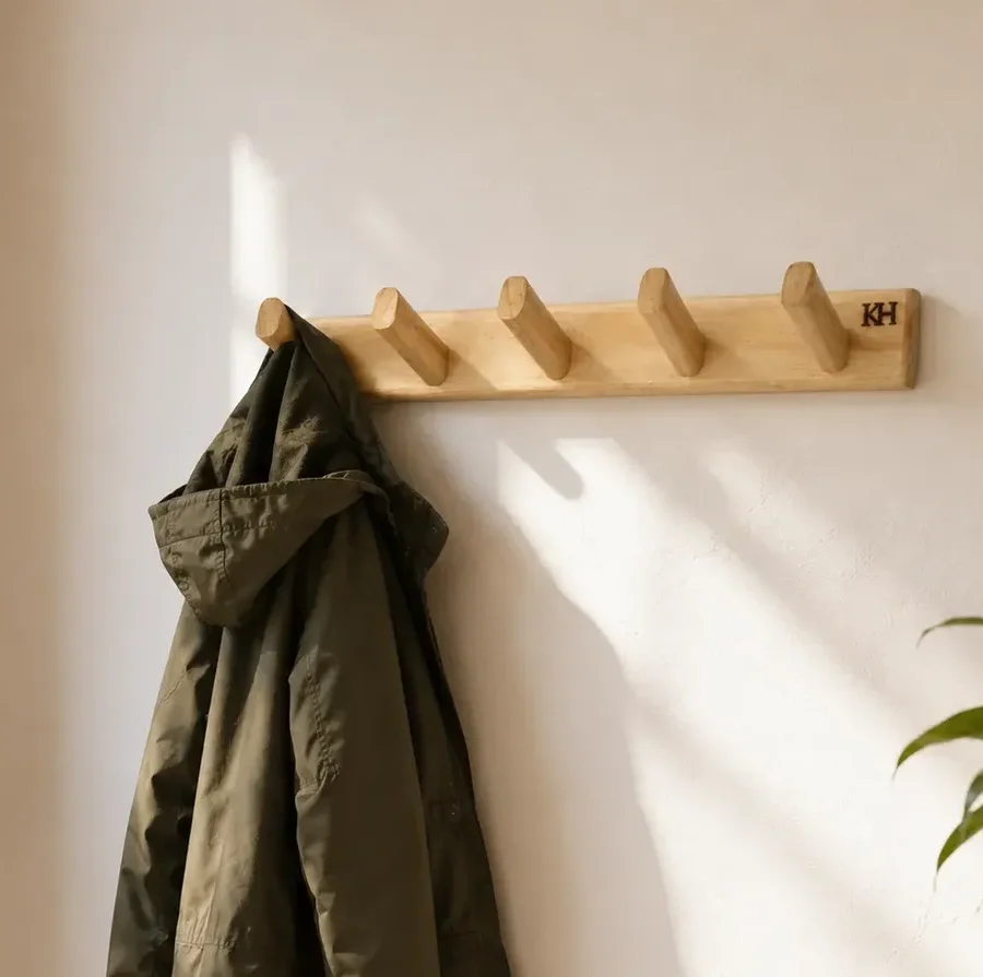 Perchero De Pared De Madera Natural Con 5 Ganchos Rústico