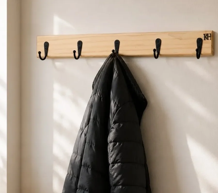 Perchero De Pared De Madera Natural Con 5 Ganchos Industrial