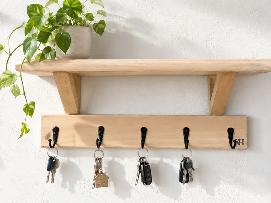 Perchero De Pared Con Repisa De Madera 5 Ganchos Decorativo